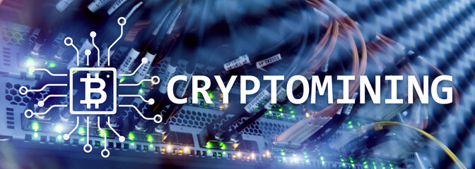 Cryptocurrency mining concept on server room background.