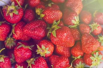 Red strawberries on a white plate. A lot of berries. Summer fruits