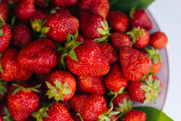 Red strawberries on a white plate. A lot of berries. Summer fruits