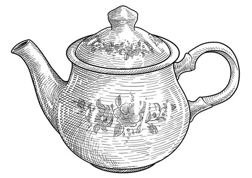 black and white floral teapot drawing clip art preview