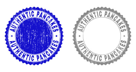 Grunge AUTHENTIC PANCAKES stamp seals isolated on a white background. Rosette seals with grunge texture in blue and grey colors.