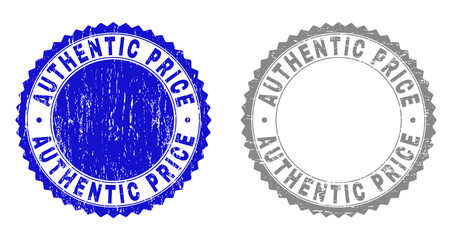 Grunge AUTHENTIC PRICE stamp seals isolated on a white background. Rosette seals with distress texture in blue and gray colors. Vector rubber overlay of AUTHENTIC PRICE label inside round rosette.