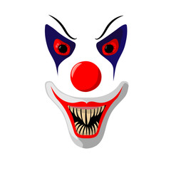 vector illustration scary clown mask with bloody eyes and big fangs on a white background