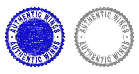 Grunge AUTHENTIC WINGS stamp seals isolated on a white background. Rosette seals with grunge texture in blue and gray colors. Vector rubber imprint of AUTHENTIC WINGS text inside round rosette.
