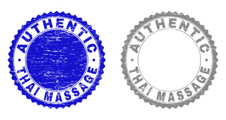 Grunge AUTHENTIC THAI MASSAGE stamp seals isolated on a white background. Rosette seals with grunge texture in blue and gray colors.
