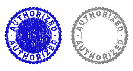 Grunge AUTHORIZED stamp seals isolated on a white background. Rosette seals with grunge texture in blue and grey colors. Vector rubber imprint of AUTHORIZED caption inside round rosette.