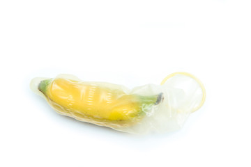 A picture of a baby banana with a normal regular condom. Showing the problem of small or micro penises