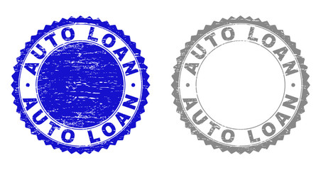 Grunge AUTO LOAN stamp seals isolated on a white background. Rosette seals with grunge texture in blue and grey colors. Vector rubber imitation of AUTO LOAN text inside round rosette.
