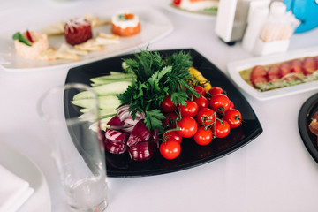 snacks on the table, fish, vegetables, fruits