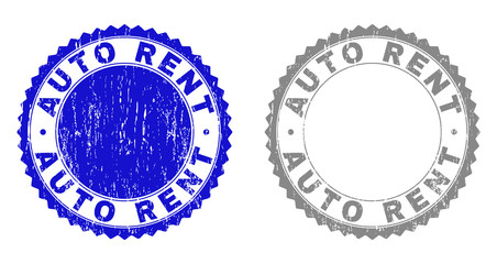 Obraz premium Grunge AUTO RENT stamp seals isolated on a white background. Rosette seals with grunge texture in blue and grey colors. Vector rubber imitation of AUTO RENT text inside round rosette.