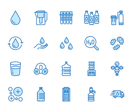 Water drop flat line icons set. Aqua filter, softener, ionization, disinfection, glass vector illustrations. Thin signs for bottle delivery. Pixel perfect 64x64. Editable Strokes