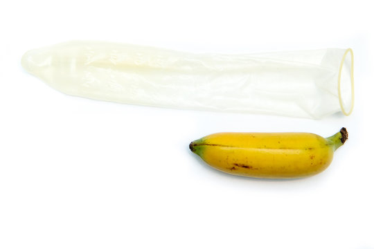 A picture of a baby banana with a normal regular condom. Showing the problem of small or micro penises