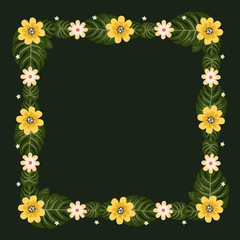 Obraz premium Floral greeting card and invitation template for wedding or birthday anniversary, Vector square shape of text box label and frame, Summer flowers wreath ivy style with branch and leaves.