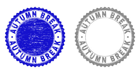 Grunge AUTUMN BREAK stamp seals isolated on a white background. Rosette seals with grunge texture in blue and grey colors. Vector rubber overlay of AUTUMN BREAK caption inside round rosette.