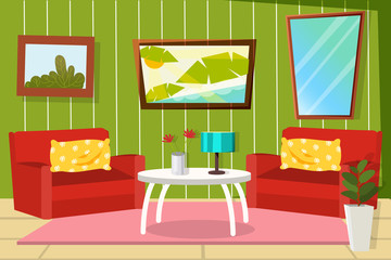 The interior of the living room in cartoon style with furniture. Two chairs, a table, a vase and paintings.
