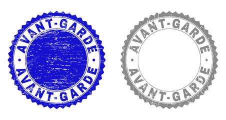 Grunge AVANT-GARDE stamp seals isolated on a white background. Rosette seals with grunge texture in blue and gray colors. Vector rubber overlay of AVANT-GARDE text inside round rosette.