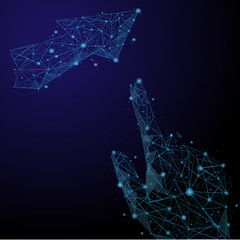 The index finger shows the arrow. Starry sky, space, constellation. Vector illustration.