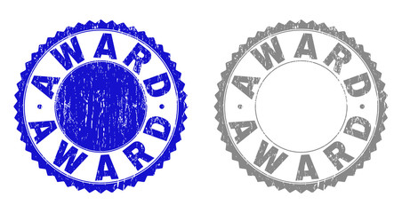 Grunge AWARD stamp seals isolated on a white background. Rosette seals with distress texture in blue and grey colors. Vector rubber imprint of AWARD text inside round rosette.