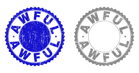 Grunge AWFUL stamp seals isolated on a white background. Rosette seals with grunge texture in blue and grey colors. Vector rubber imitation of AWFUL caption inside round rosette.