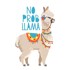 Illustration with llama and cactus plants. Vector seamless pattern on white background. Greeting card with Alpaca. © monamonash