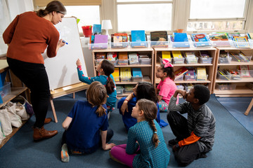 Teacher using whiteboard with students