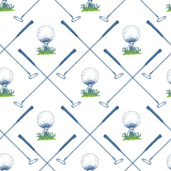 Seamless golf pattern with putter and ball. Vector set of hand-drawn sports equipment. Illustration in sketch style on white background.