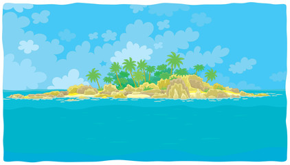Fototapeta na wymiar Small desert island with rocks and palms in a tropical sea, vector illustration in a cartoon style
