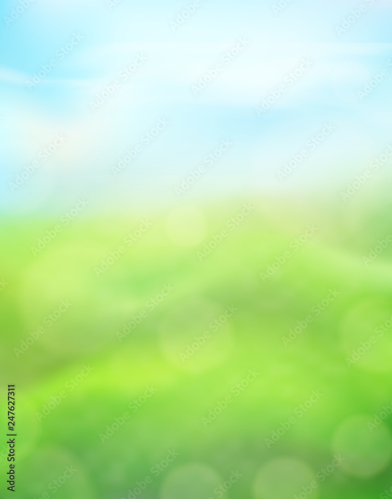 Wall mural green nature vertical background on a blurred of grass and sky and bokeh effect. view with copy spac