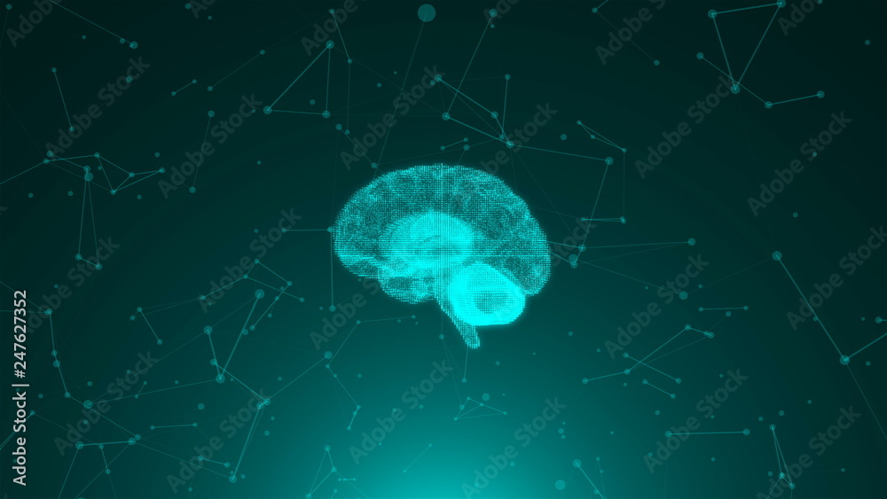 Poster 3d render of brain on background with many connection dots, concept for science, technology, interne