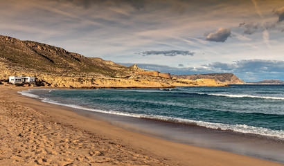 Mediterranean beach of Rodalquilar in Cabo de Gata natural park in Almeria, Spain.