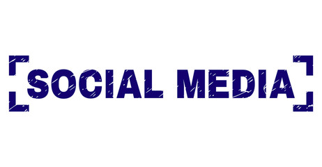 SOCIAL MEDIA label seal print with corroded texture. Text label is placed between corners. Blue vector rubber print of SOCIAL MEDIA with dust texture.
