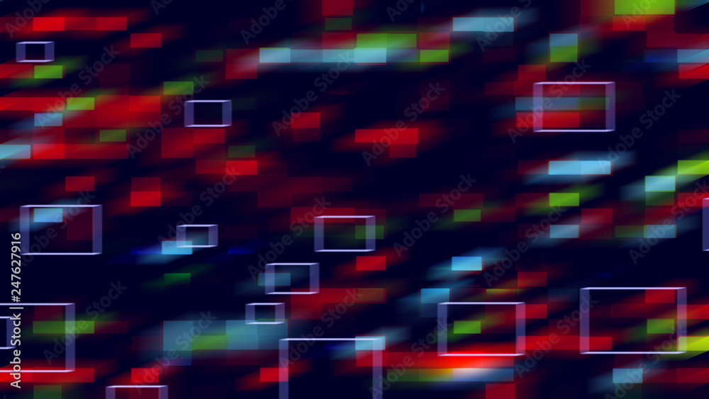 Poster multi-colored running moving rectangles in space, abstract 3d rendering background, computer generat