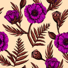 Illustration of watercolor hand drawn colorful pattern with Spring poppy flowers. Summer or Spring background. Wedding invitation, postcard. Romantic floral background. Textile. Vintage, Retro.