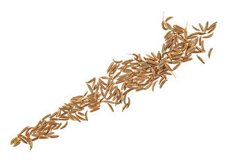 Close up of cumin seeds isolated on white background, top view.