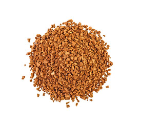 Heap of instant coffee isolated on white background, top view.