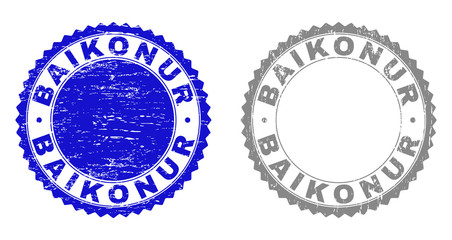 Grunge BAIKONUR stamp seals isolated on a white background. Rosette seals with distress texture in blue and grey colors. Vector rubber imprint of BAIKONUR text inside round rosette.