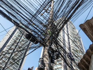 Sao Paulo, Brazil, November 30, 2018. Power Line Cable Electricity Wires Communication in Sao Paulo, big city in brazil