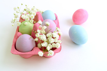 Easter color painted eggs on a white background.