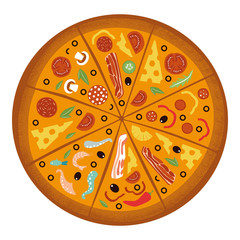 Round big mix pizza, slices triangle, italian restaurant menu, snack food ingredients for pizza. Pizza with all the flavors. Each piece has its own taste