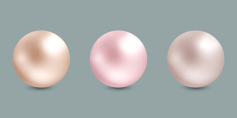 set of realistic pearls on gray background