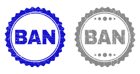 Grunge BAN stamp seals isolated on a white background. Rosette seals with grunge texture in blue and grey colors. Vector rubber imitation of BAN tag inside round rosette.