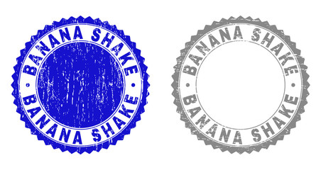 Grunge BANANA SHAKE stamp seals isolated on a white background. Rosette seals with grunge texture in blue and gray colors. Vector rubber imitation of BANANA SHAKE tag inside round rosette.