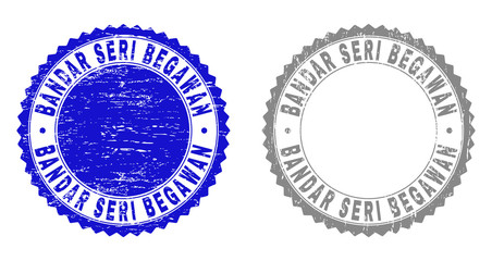 Grunge BANDAR SERI BEGAWAN stamp seals isolated on a white background. Rosette seals with grunge texture in blue and grey colors.