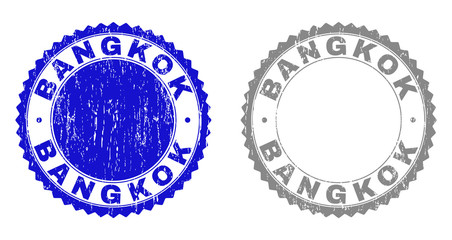 Grunge BANGKOK stamp seals isolated on a white background. Rosette seals with grunge texture in blue and grey colors. Vector rubber watermark of BANGKOK title inside round rosette.