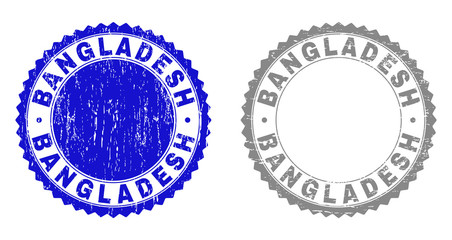 Grunge BANGLADESH stamp seals isolated on a white background. Rosette seals with grunge texture in blue and grey colors. Vector rubber imprint of BANGLADESH title inside round rosette.