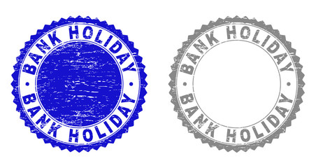Grunge BANK HOLIDAY stamp seals isolated on a white background. Rosette seals with grunge texture in blue and grey colors. Vector rubber overlay of BANK HOLIDAY title inside round rosette.