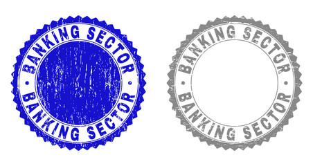 Grunge BANKING SECTOR stamp seals isolated on a white background. Rosette seals with distress texture in blue and gray colors. Vector rubber imitation of BANKING SECTOR text inside round rosette.