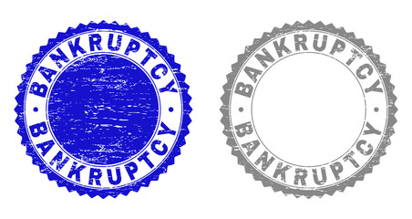 Grunge BANKRUPTCY stamp seals isolated on a white background. Rosette seals with distress texture in blue and grey colors. Vector rubber imitation of BANKRUPTCY text inside round rosette.