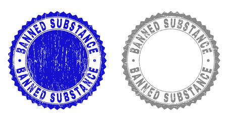 Grunge BANNED SUBSTANCE stamp seals isolated on a white background. Rosette seals with grunge texture in blue and grey colors. Vector rubber watermark of BANNED SUBSTANCE caption inside round rosette.