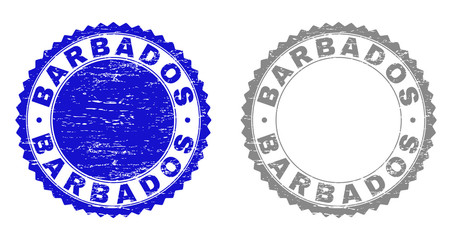 Grunge BARBADOS stamp seals isolated on a white background. Rosette seals with grunge texture in blue and grey colors. Vector rubber imitation of BARBADOS text inside round rosette.